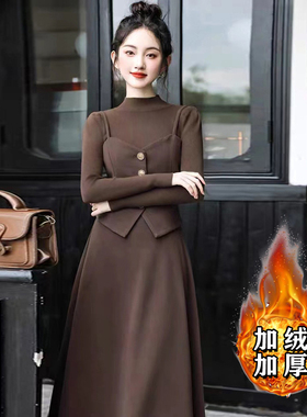 加绒加厚小香风高级感连衣裙2025秋新款显瘦穿搭假两件裙子A8024