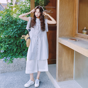 设计感减龄条纹无袖衬衫连衣裙套装女2025夏新款休闲阔腿裤两件套图片