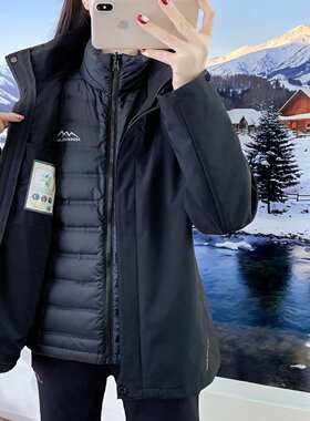 户外冲锋衣三合一羽绒内胆女装休闲大码外套御寒保暖防风登山服厚