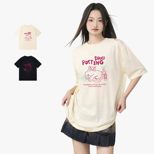 上衣女 休闲显瘦夏季 230g重磅白色短袖 t恤女纯棉透气宽松印花半袖