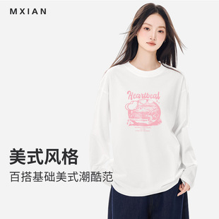 打底上衣男女款 美式 宽松情侣装 T恤女夏季 潮牌新颖设计感纯棉长袖