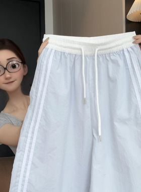 撞色条纹速干阔腿裤女夏季新款慵懒风高腰宽松显瘦休闲弯刀裤