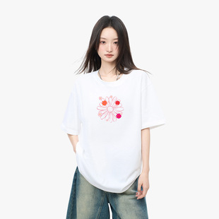 230g纯棉印花小众设计短袖 圆领宽松百搭透气打底上衣服 T恤女夏季