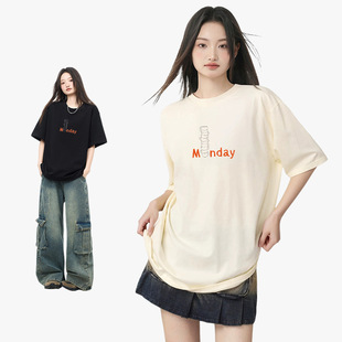 夏季 休闲男女同打底上衣服 230g日系简约印花T恤潮牌圆领宽松短袖