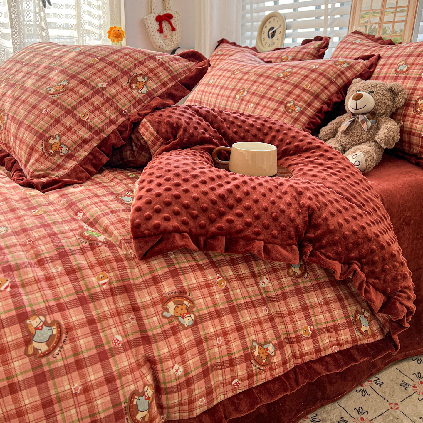 全棉双层纱豆豆绒红色木马ab面豆豆绒四件套床单三件套1米5被套