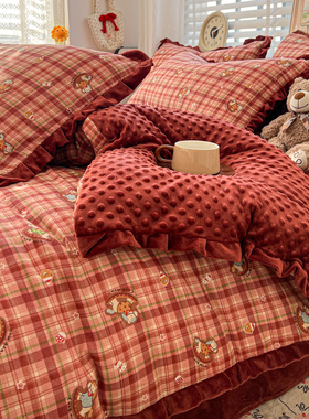 全棉双层纱豆豆绒红色木马ab面豆豆绒四件套床单三件套1米5被套