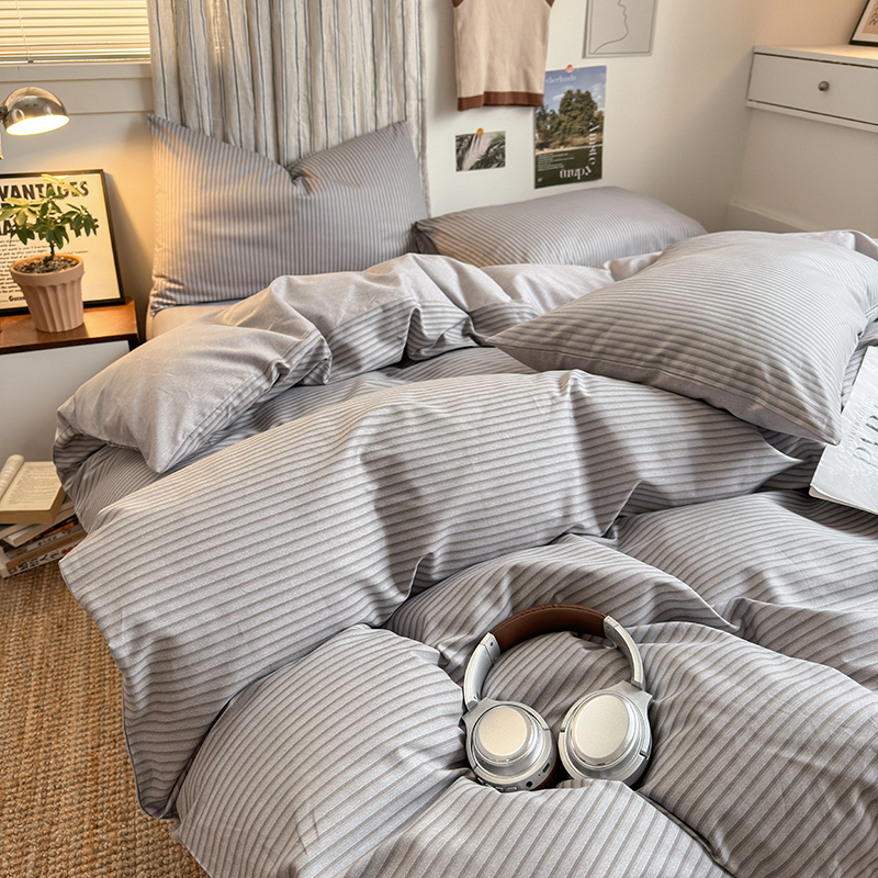 极简风条纹全棉四件套被套单件100纯棉三件套150单人被套床单床笠