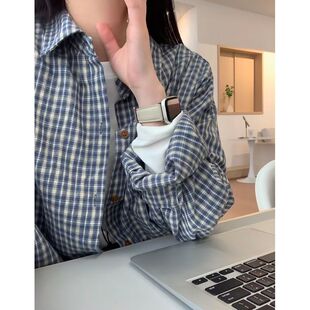 新款 特大码 女夏季 蓝色格子衬衫 慵懒风宽松衬衣chic上衣 300斤法式