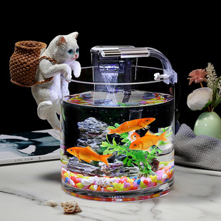 创意加厚桌面玻璃鱼缸小型圆柱形金鱼缸LED灯免换水静奢风招财缸