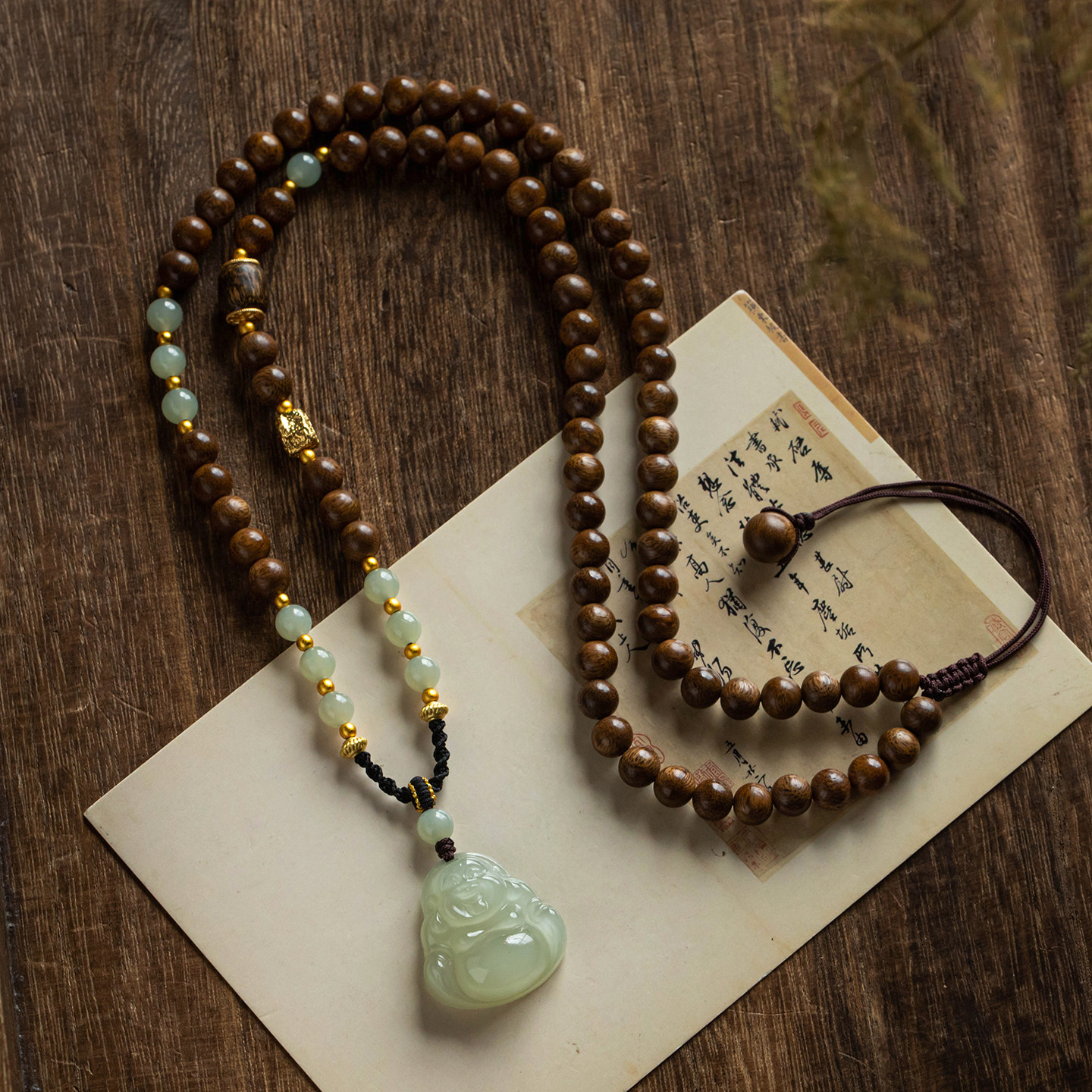 【店长设计】沉香木全珠项链毛衣链天然和田玉佛公手工吊坠绳男女