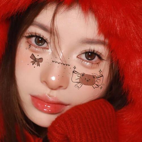 圣诞节妆容脸贴少女蝴蝶结小熊脸妆圣诞树雪花腮红COS派对写真