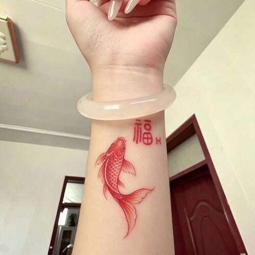 国风好运招财寓意锦鲤彩色纹身贴可水洗逼真高颜值福字书法手腕贴