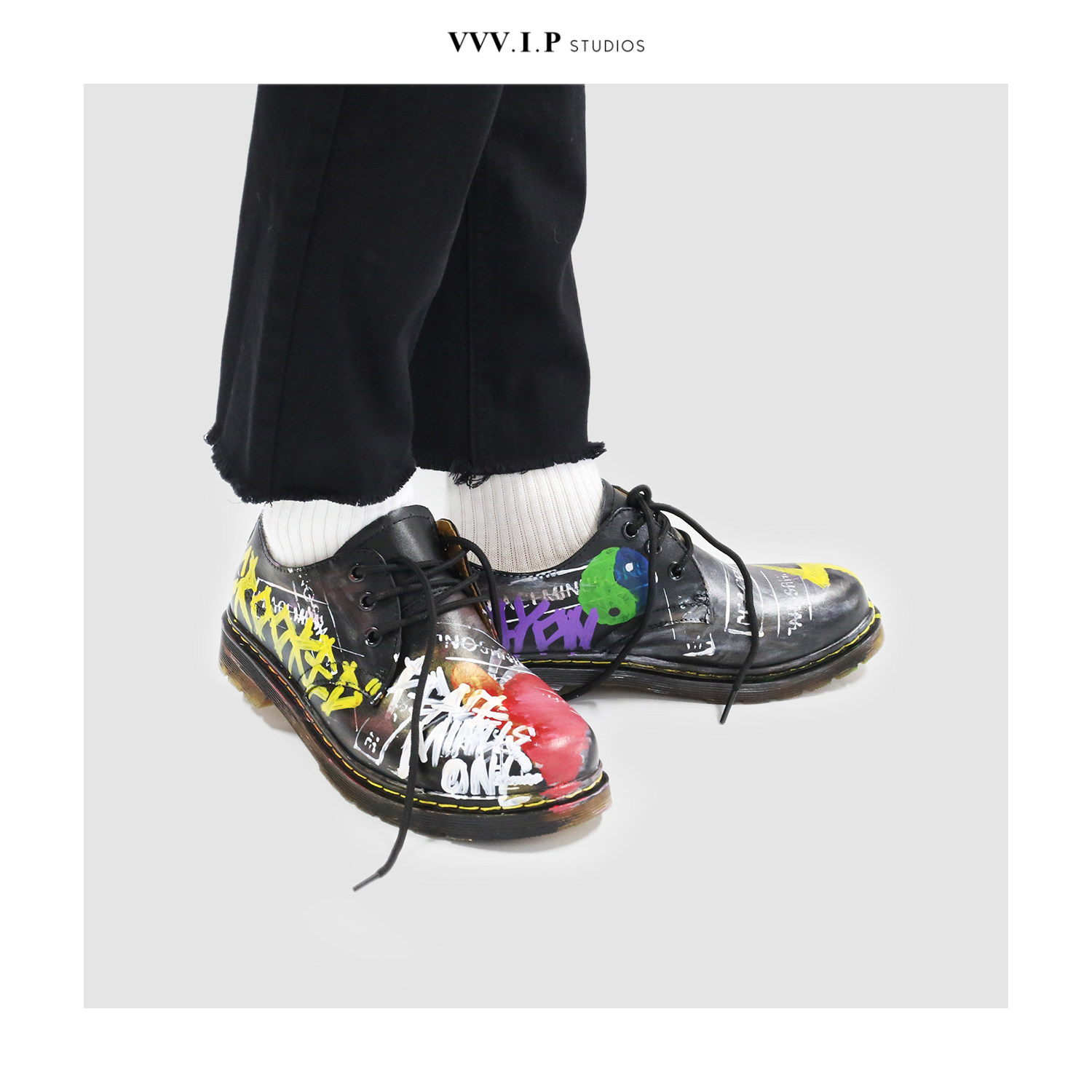 m马丁靴手绘涂鸦鞋 gd权志龙ins同款pmo字母 男女真皮低帮皮鞋