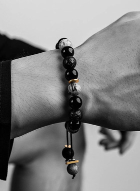 可盘玩民族风火山岩黑曜石手串男