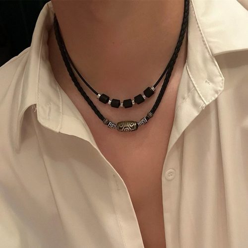 可调节编织蜡绳天珠藏青复古项链