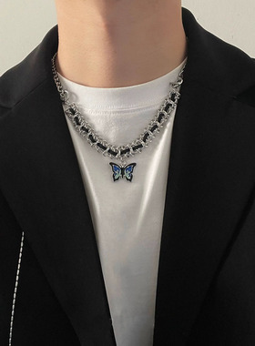 小众设计蓝色火焰蝴蝶吊坠项链