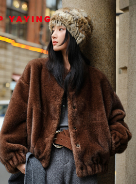 EP雅莹2025秋冬新款女装 美拉德咖色毛毛外套 短款毛呢大衣