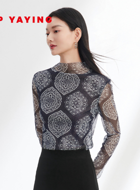 EP雅莹女装 弹力网眼民族印花半高领打底上衣 商场同款5511A