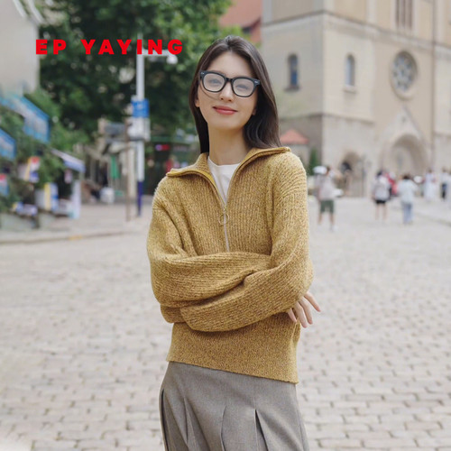 雅莹羊毛半拉链宽松套头衫毛衣