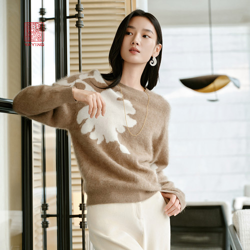 雅莹阿拉善羊绒红色圆领毛针织衫