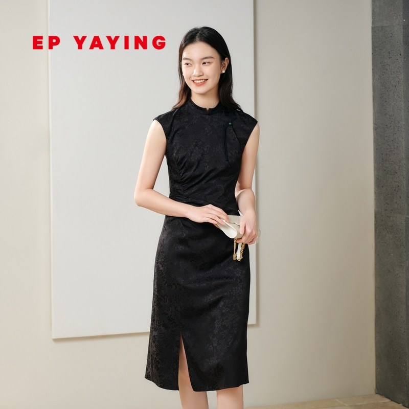 [真丝系列]EP雅莹女装 改良旗袍连衣裙新中式小黑裙2023夏装4628A