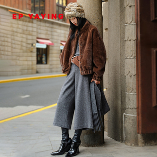 七分裤 羊毛混纺双面顺毛呢高腰阔腿裤 女装 EP雅莹2025新款