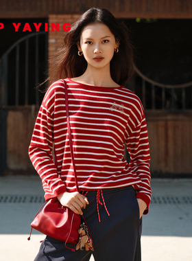 [新年系列]EP雅莹 2026新款针织衫 细羊毛羊绒红色条纹衫9578A