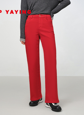 EP雅莹2025冬装新款女装 复古棉高腰显瘦红色直筒加绒牛仔裤J641A