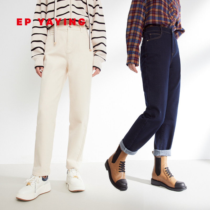 EP雅莹老爹裤 松紧腰含羊绒直筒加绒牛仔裤薄绒 2023秋冬新款J616