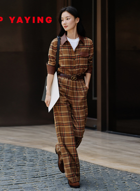 EP雅莹2025秋冬新款女装 慵懒风格纹宽松阔腿直筒休闲裤6438B