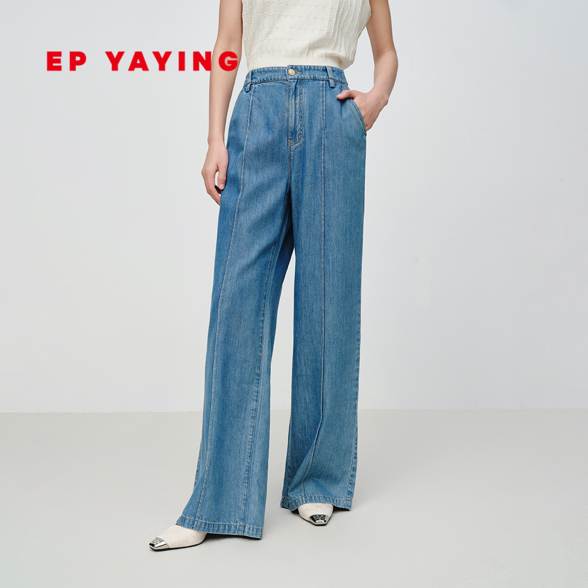 雅莹垂感天丝牛仔阔腿直筒裤