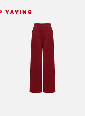 EP雅莹2025秋冬新款 绵羊毛抽绳松紧腰红色宽松阔腿直筒裤6406B