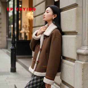 大衣 EP雅莹2025冬装 羊羔毛翻领短款 女装 挺括毛呢外套 新款