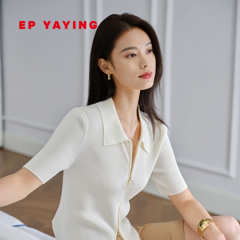 EP雅莹POLO领修身拉链针织开衫