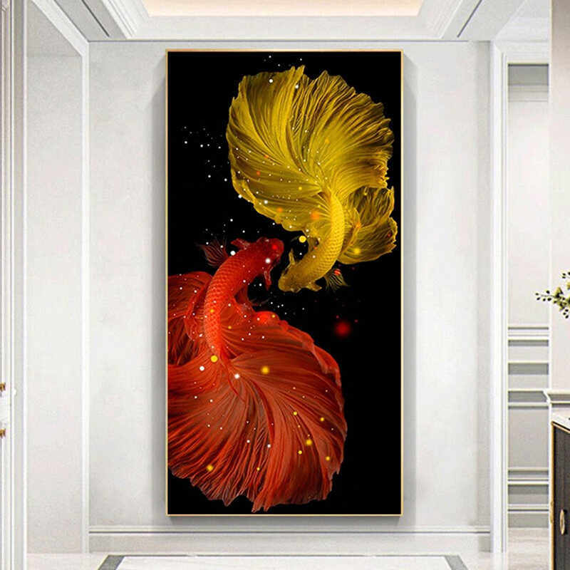 自己贴钻石绣招财锦鲤钻石画满钻双鱼图竖版客厅进门过道玄关点钻