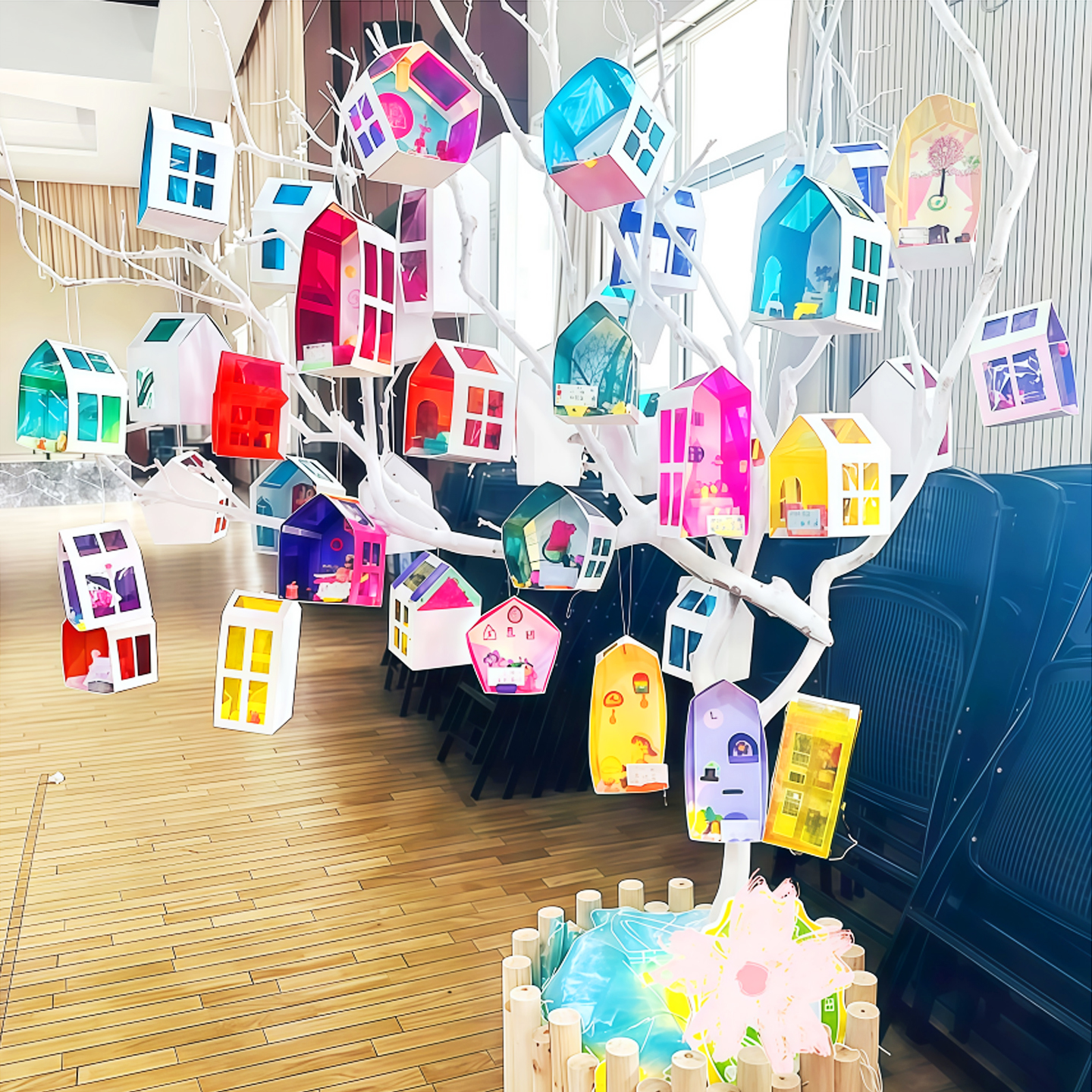 幼儿园建构区吊饰彩色玻璃纸光影房子环创半成品材料美术教室布置