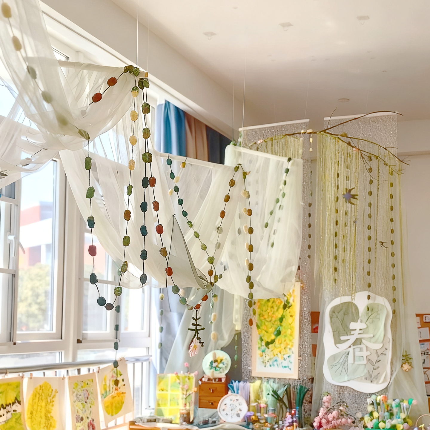 幼儿园美工区环创吊饰班级布置教室隔断挂帘手工自制走廊空中装饰