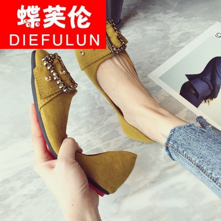 蝶芙伦夏款水钻皮带扣方头鞋平底单鞋欧美女鞋子时尚绒面平跟鞋舒