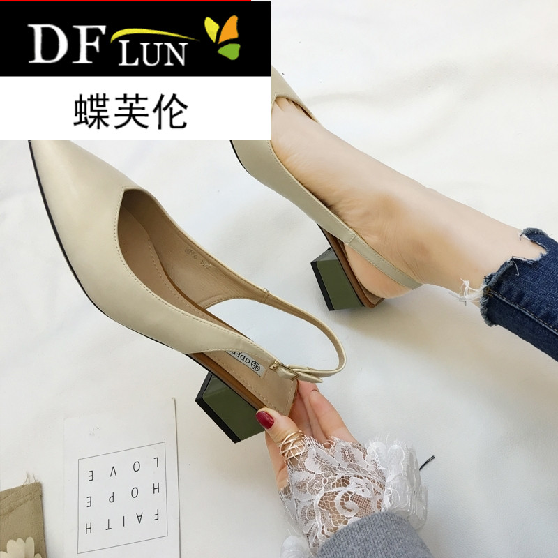 韩版小清新尖头鞋女中跟2018夏季后空浅口拼色方根一字扣粗跟