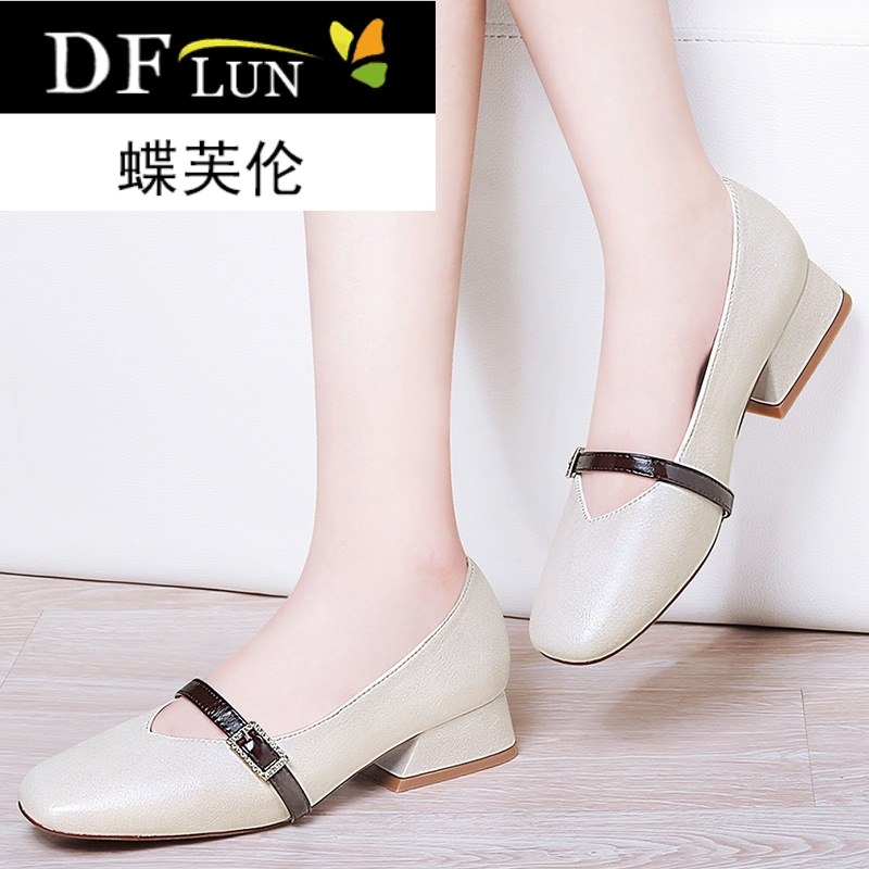 单根鞋女士2018新款方根春季中跟单鞋子低跟杏色百搭船鞋玛丽