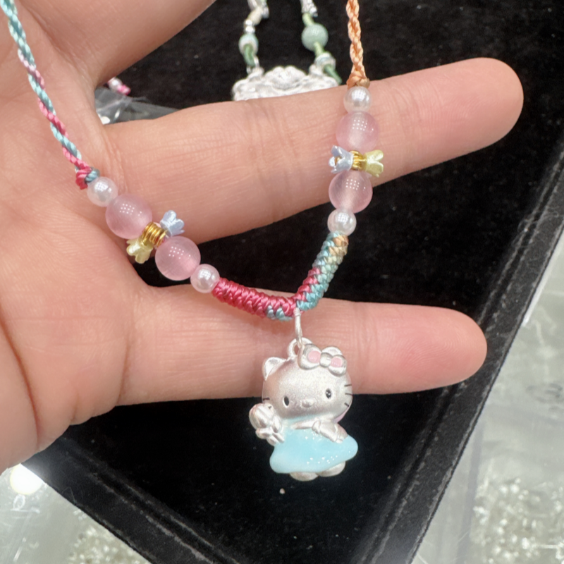 足银999猫头纯银hellokitty手工编绳凯蒂猫银项链吊坠送女友礼物