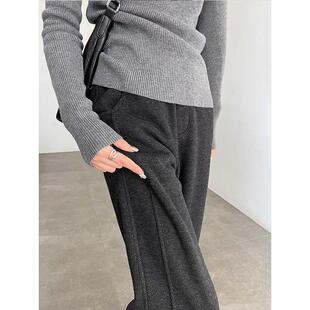 人字纹宽松百搭大码窄版人字纹阔腿裤女秋冬加绒毛呢开叉裤香蕉裤