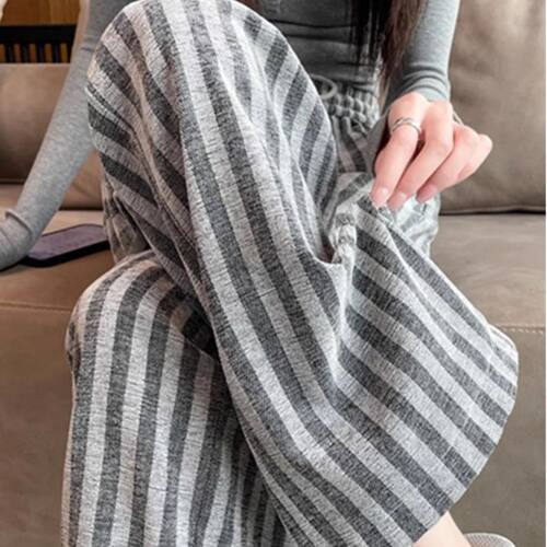 胖mm高腰显瘦垂感宽松大码直筒拖地裤女夏季新款条纹冰丝阔腿裤子