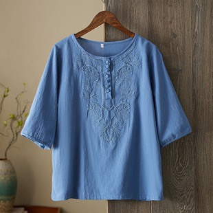 减龄大码胖MM遮肚夏新款宽松显瘦圆领T恤女文艺纯色刺绣棉麻上衣
