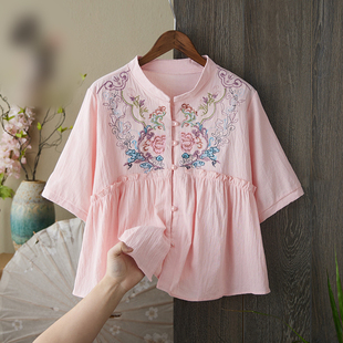 刺绣民族风文艺衬衫女夏季复古木耳边显瘦宽松棉麻上衣开衫