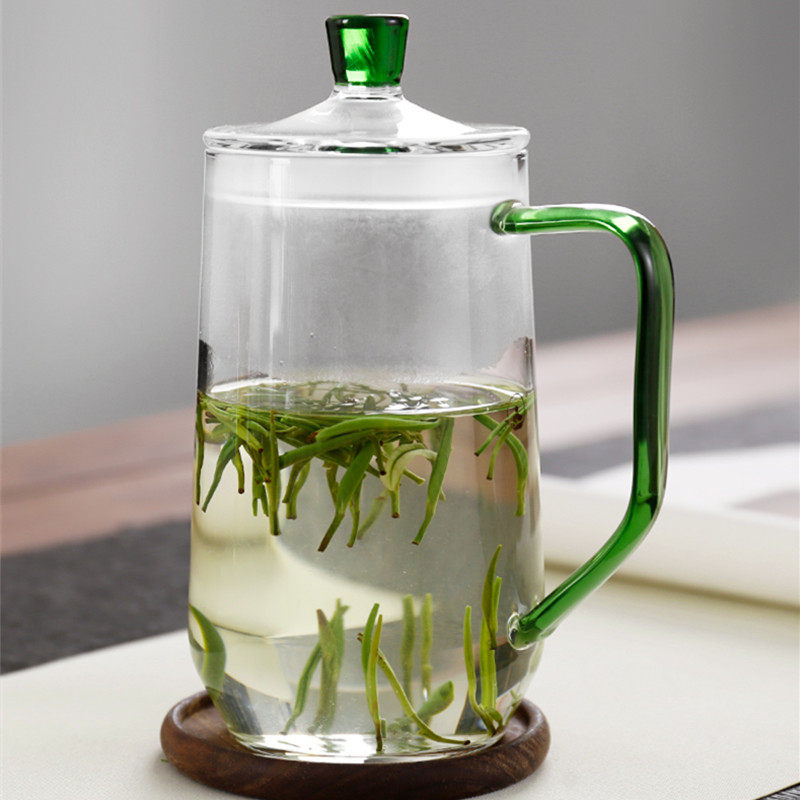 厂家供应大容量高颜值玻璃绿茶杯带盖带把花茶杯男女士办公室