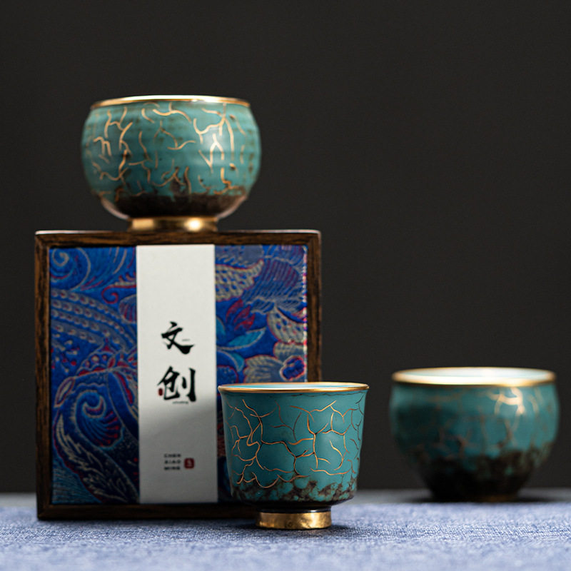 窑变常青釉手工描金茶杯复古单杯总裁杯中式陶瓷主人品茗杯