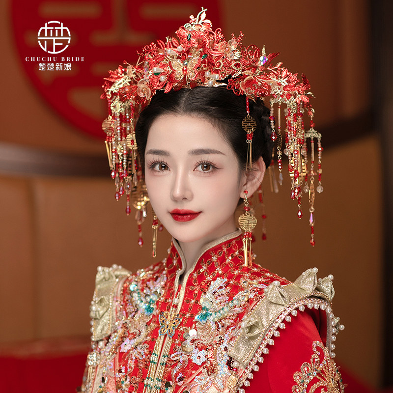 中式新娘头饰婚礼复古手工流苏步摇红色甜美琉璃花凤冠秀禾服发饰