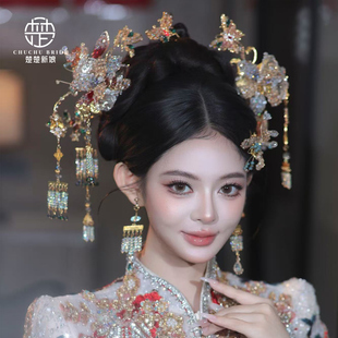 2025新款中式新娘金色秀禾头饰水晶流苏复古汉服龙凤褂敬酒服发饰