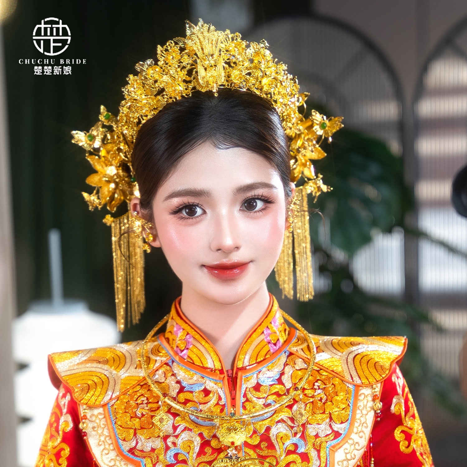 全金色新娘新凤冠头饰百搭金冠凤钗花朵流苏龙凤褂秀禾服发饰品女